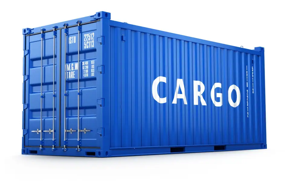 A twenty-foot shipping container, doors closed, against a plain background.