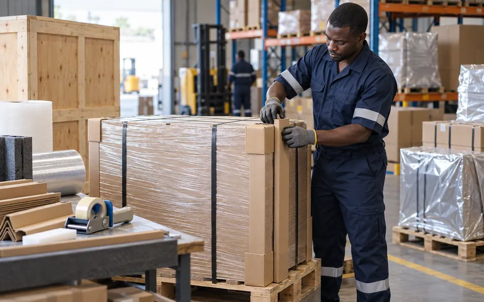 Carefully packed commercial cargo ready for a protected international shipment