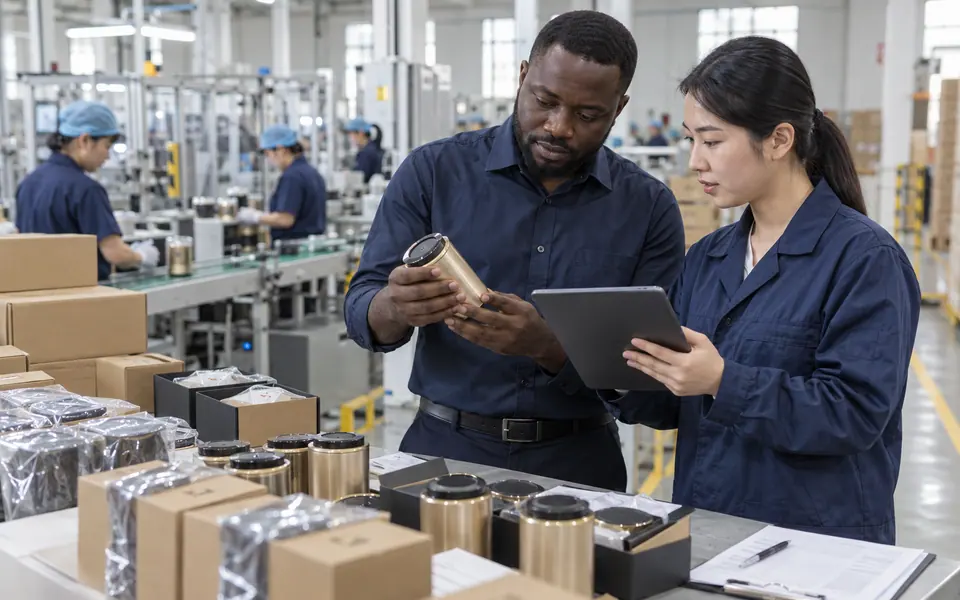 A sourcing professional inspecting consumer goods at a supplier facility in China