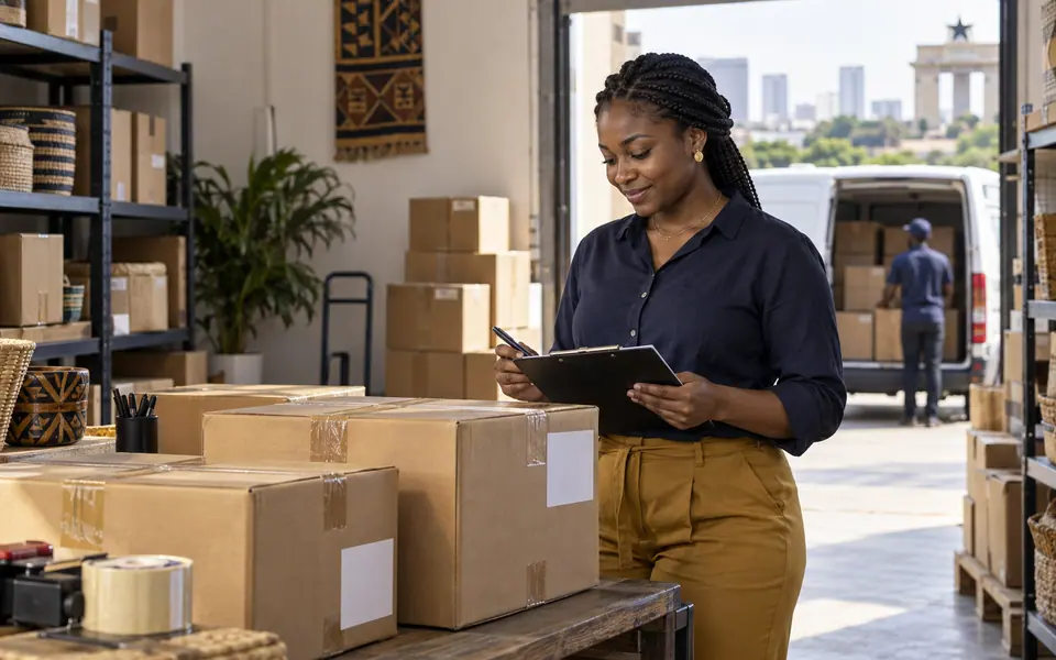 A Ghanaian business owner reviewing shipment paperwork beside packed cartons