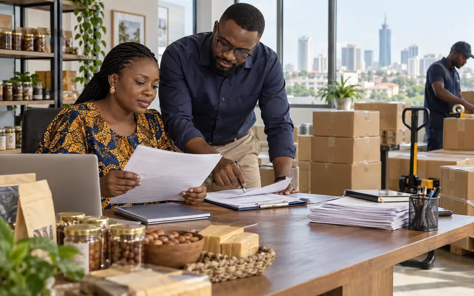 Export cargo and documentation being prepared by a Ghanaian business team