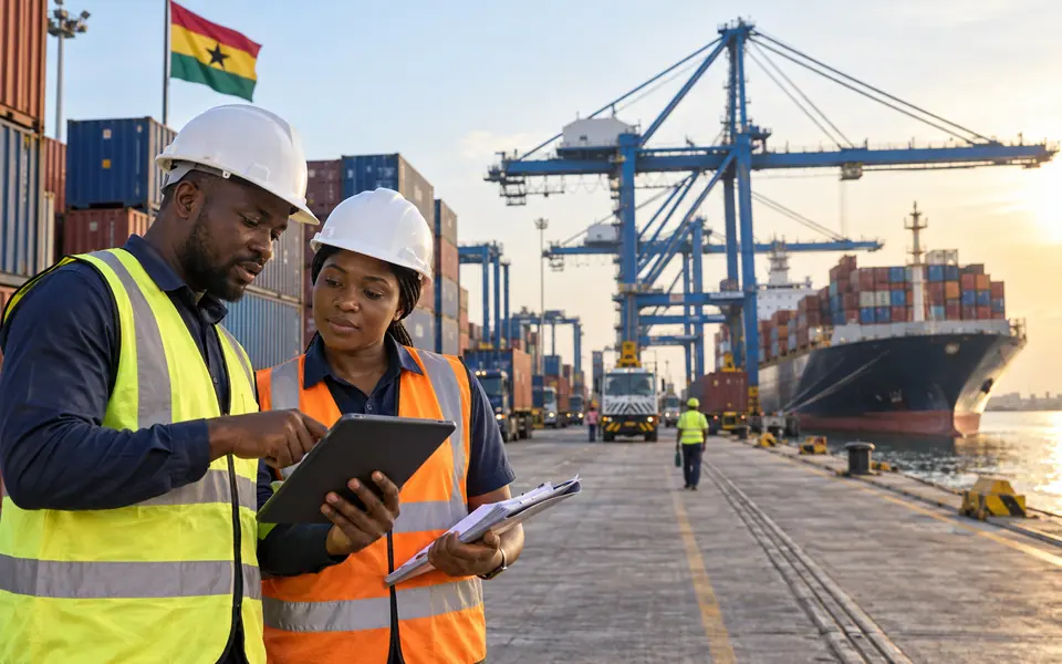 Cargo containers and handling equipment at a busy seaport